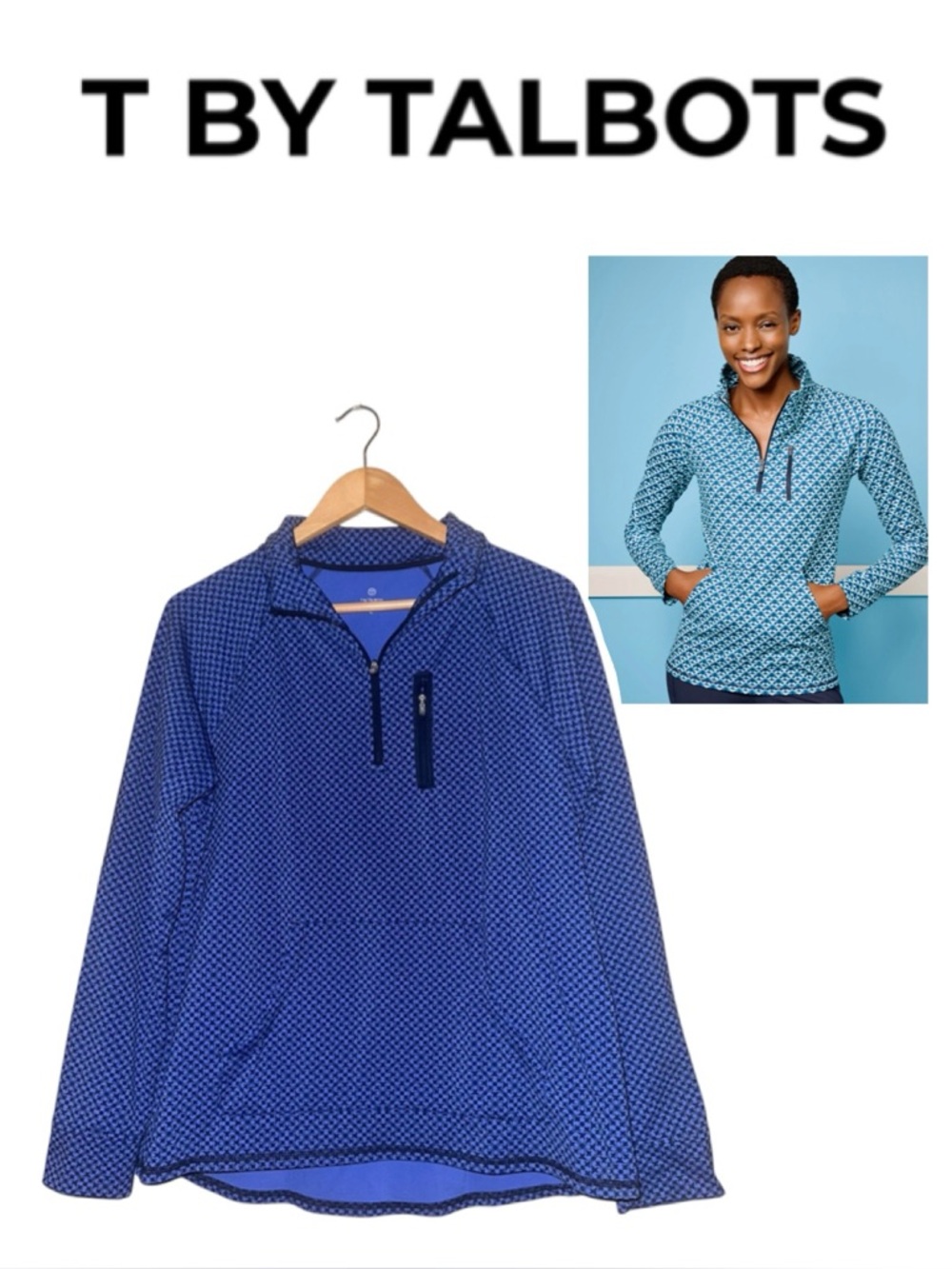 T by TALBOTS Out & About Half-Zip Pullover Performance Blue Athleisure Women L